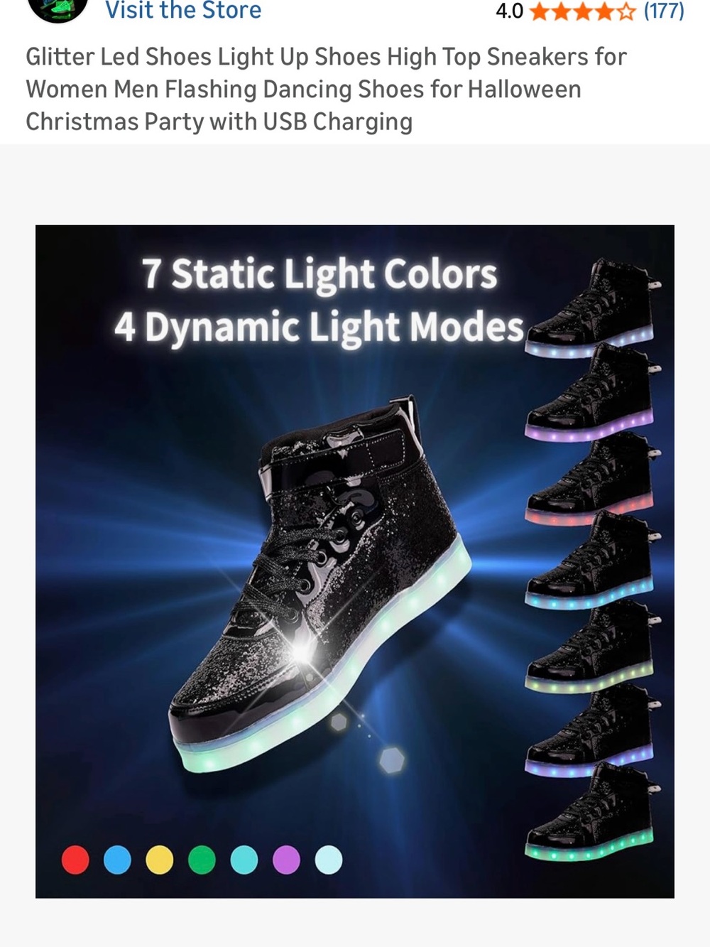 Glitter LED Light-Up High Top Sneakers — Black with Multicolor LED Sole